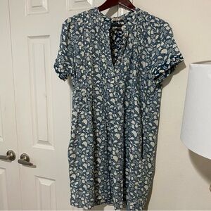 Faherty Gemina Dress Washed Floral Linen Pintuck Mini Pockets Short Sleeves S